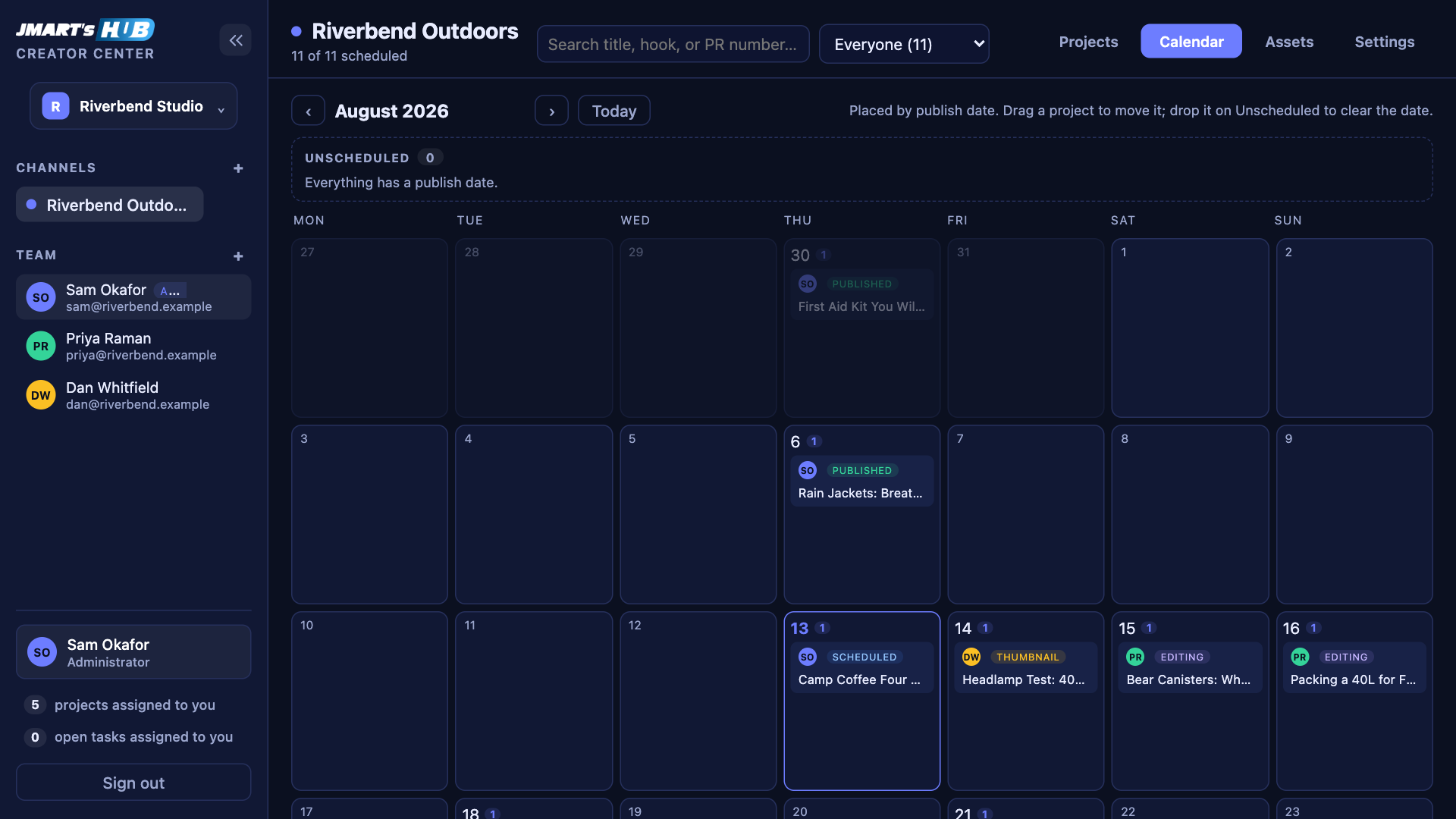 A month view with videos placed on their publish dates and unscheduled ones held above.