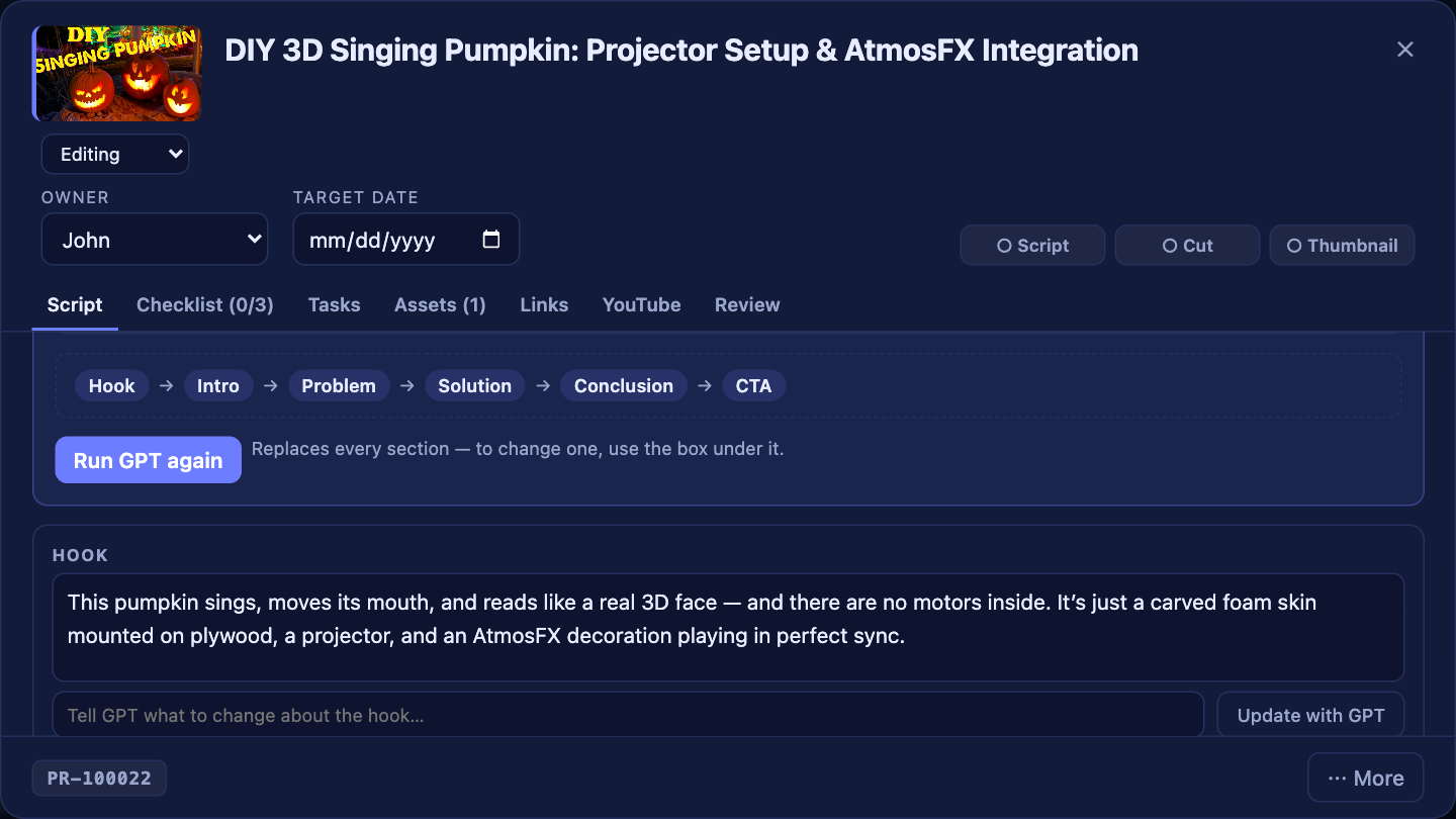 The script builder on a Halloween build video: Hook, Intro, Problem, Solution, Conclusion and CTA sections, with the hook written and a box to redraft it.